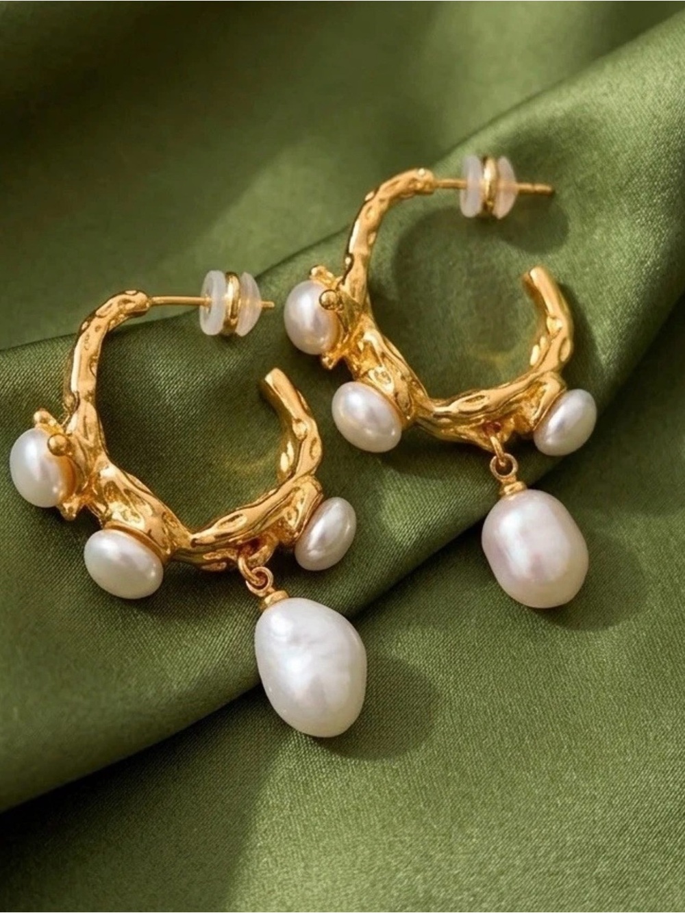 Anthropologie Baroque Pearl Molten Earrings Hoop Gold Stud Boho Mermaidcore